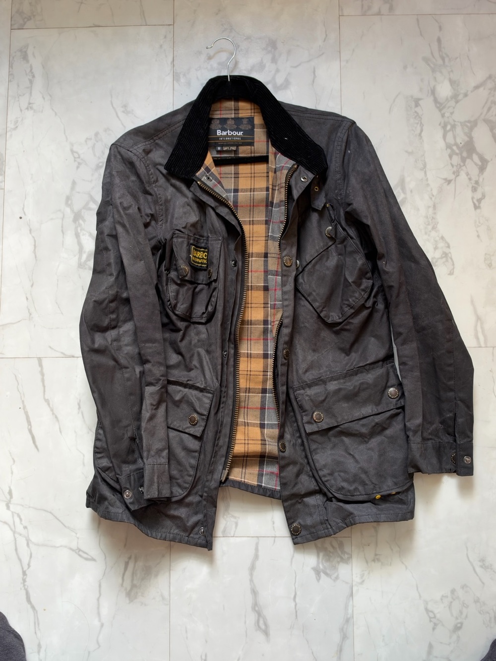 Barbour Men's Waxed Field Jacket in Dark Gray with Tartan Lining